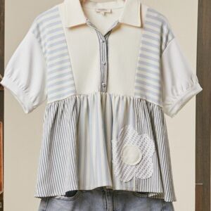 Women’s Cream & Light Blue Striped Peplum Polo Blouse